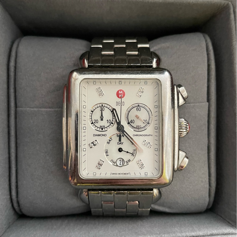 Michele Deco XL 20mm Day Diamond Chronograph Stainless Steel Watch